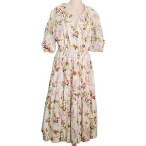 Floral Tiered Midi Dress in Cream with Pink & Green Floral Print